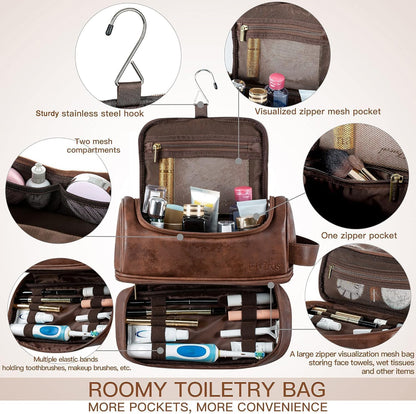 Elviros Water-Resistant Leather Toiletry Bag for Men Large Double-Layer Travel Wash Bag Shaving Dopp Kit Bathroom Gym Toiletries Makeup Organizer,Gift for Men (Dark Brown)