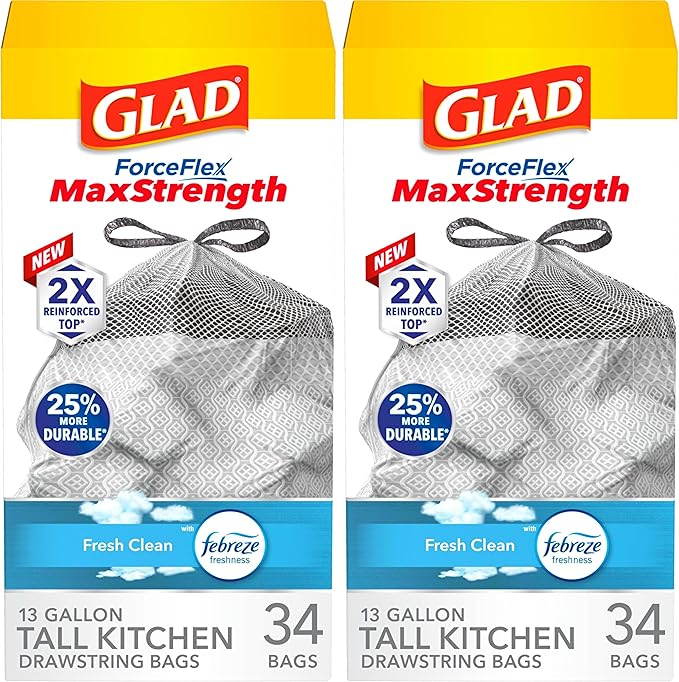 Glad ForceFlex MaxStrength Kitchen Trash Bags, 13 Gal, Fresh Clean Febreze