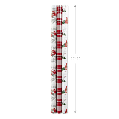Hallmark Holiday Wrapping Paper Rolls - Rustic Christmas Gift Wrap Paper (Set of 3 Reversible Rolls: 120 sq. ft. ttl.) Plaid, Barn, Red Truck, Moose, Woodland Scenes