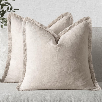 MIULEE Christmas Decorative Throw Pillow Covers Neutral Linen Fringe Fall Throw Pillows Set of 2 Natural Beige Boho Farmhouse Cushion Covers with Tassels for Couch Sofa Bed Home Decor 20x20 Inch