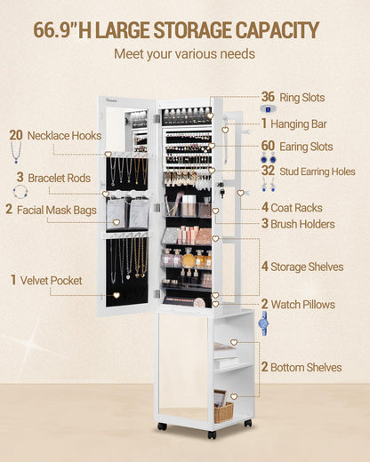 Hzuaneri 8 LEDs Jewelry Cabinet Armoire, 66.9-inch Jewelry Organizer with Garment Rack, Lockable Full-length Mirror with 4 Wheels, Storage Shelves with Hooks, 5-in-1, White and Beige JC17003B