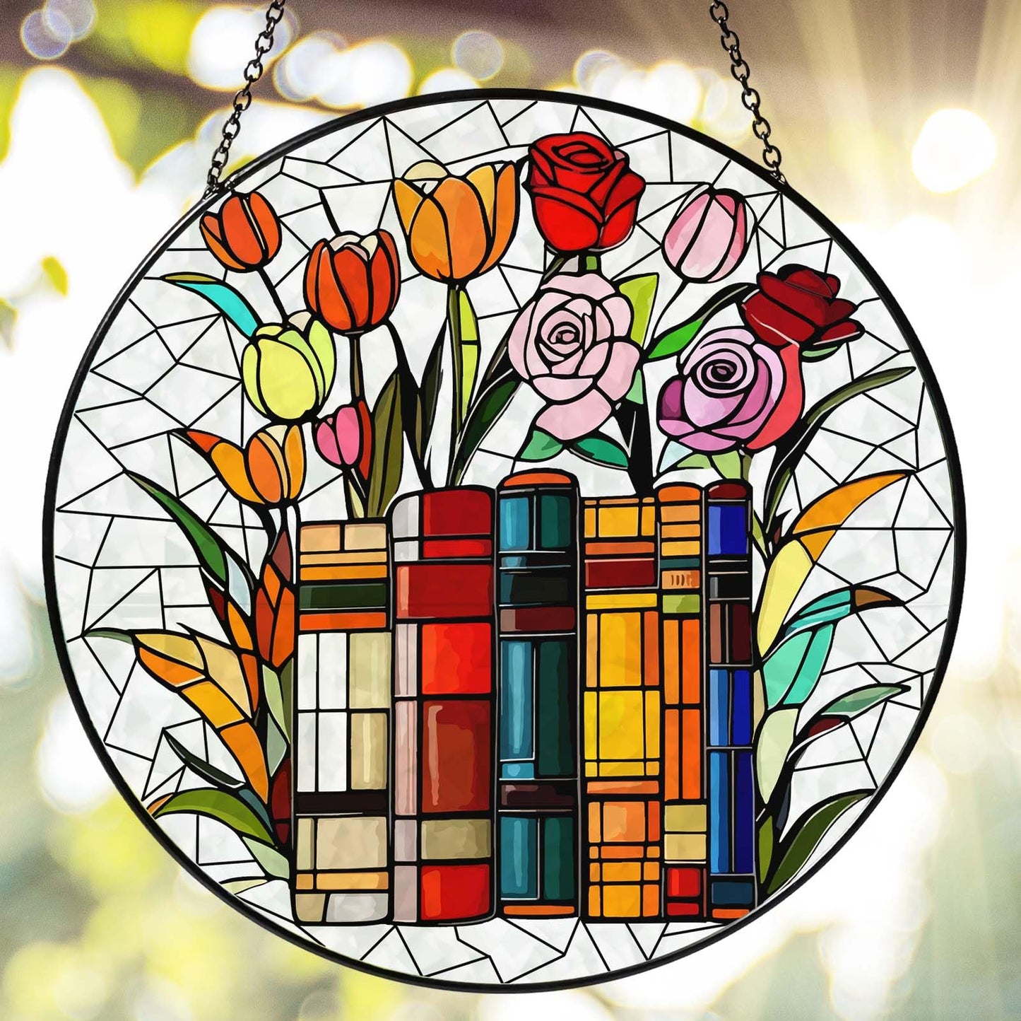 RVEAFA Flower Book Stained Glass Window Hanging 9.8'' Sun Catcher Book Club Lover Gifts for Women Reading Room Decor Handmade SunCatcher Decoration for Garden Home Bookish Library Decor
