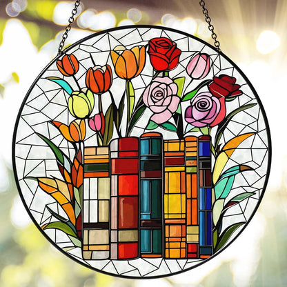 RVEAFA Flower Book Stained Glass Window Hanging 6'' Sun Catcher Book Club Lover Gifts for Women Reading Room Decor Handmade SunCatcher Decoration for Garden Home Bookish Library Decor