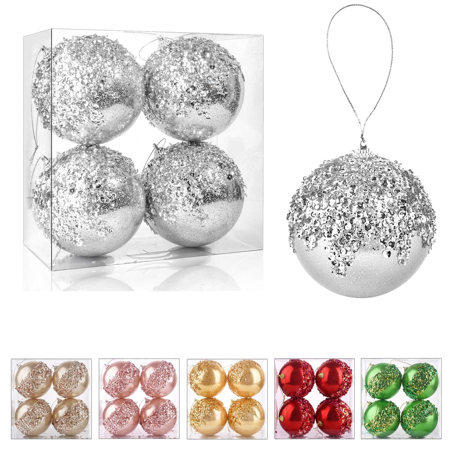 ZHANYIGY 4pc Silver Christmas Ball Ornaments, Shatterproof Christmas Ball Decorations for Trees, Wedding Party Holiday Decorations