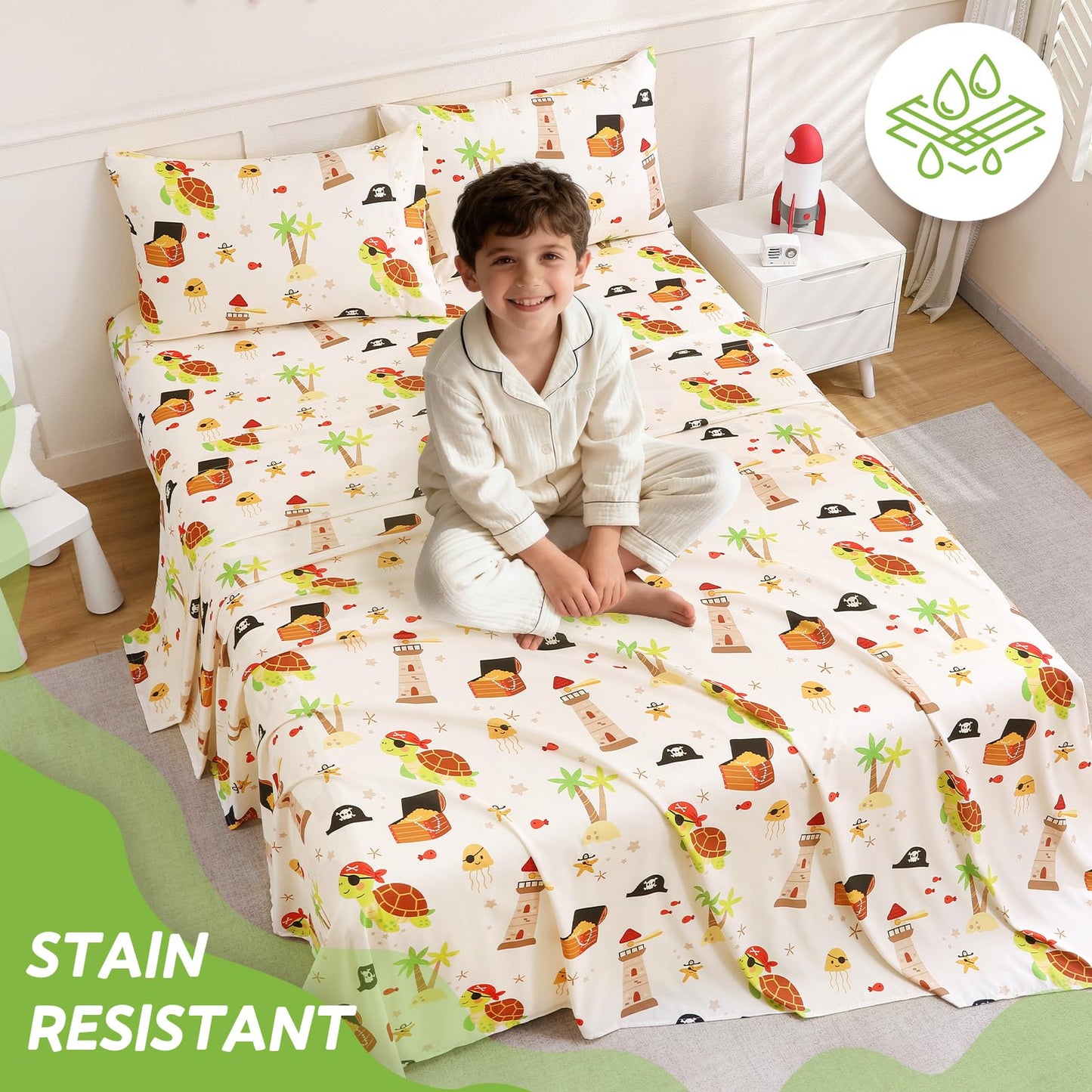 ChicView Queen Sheet Set Kids,4 Pieces Breathable Soft Microfiber Bedsheets for Child Boys Girls, Anti Pilling Deep Pockets Easy Care Bed Sheets, Turtle