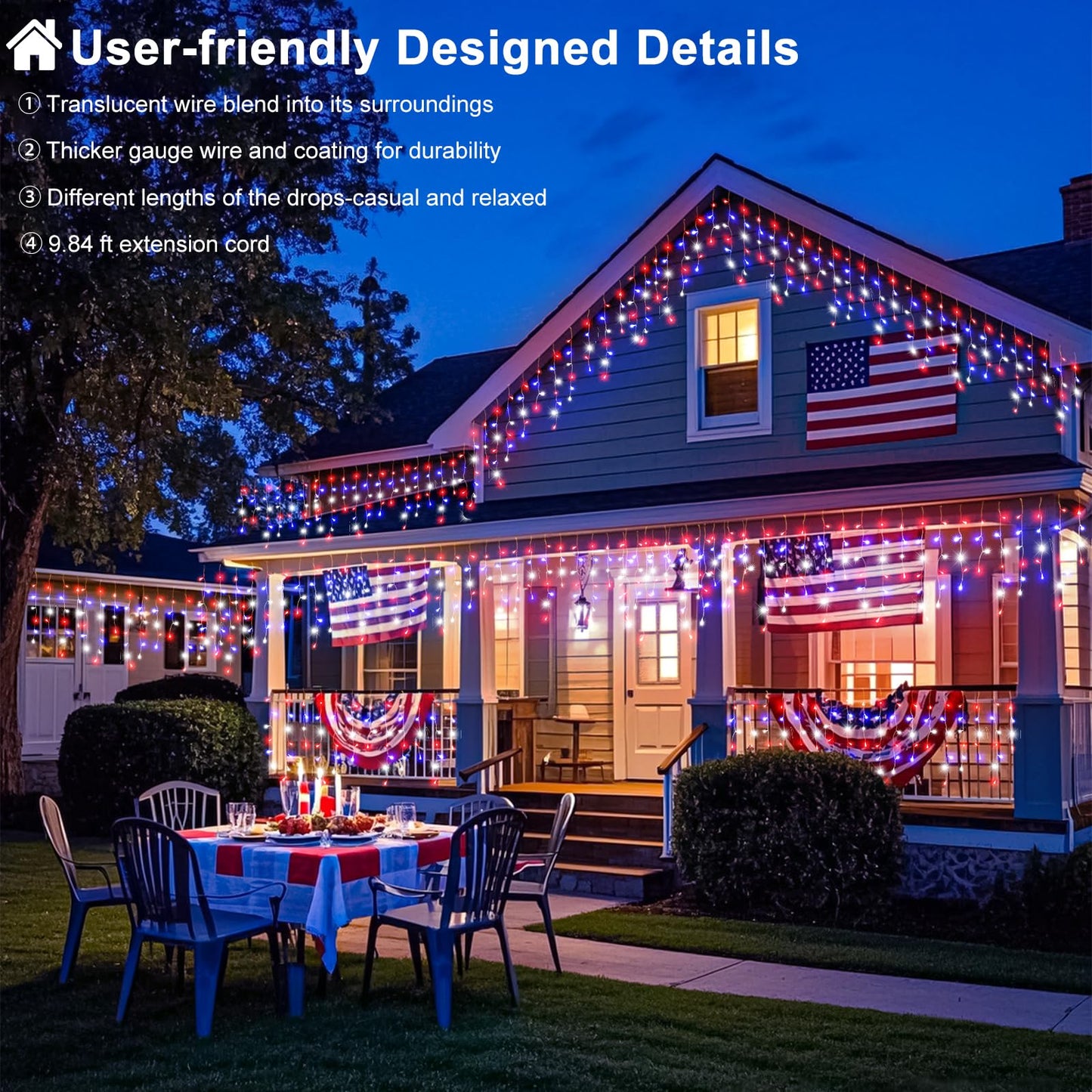 Red White and Blue Icicle Lights for Outside – 66ft 640LED Outdoor Waterproof Christmas Lights, 4th of July Decorations Independence Day Patriotic Lights with 120 Drops for House Roof Window Fence