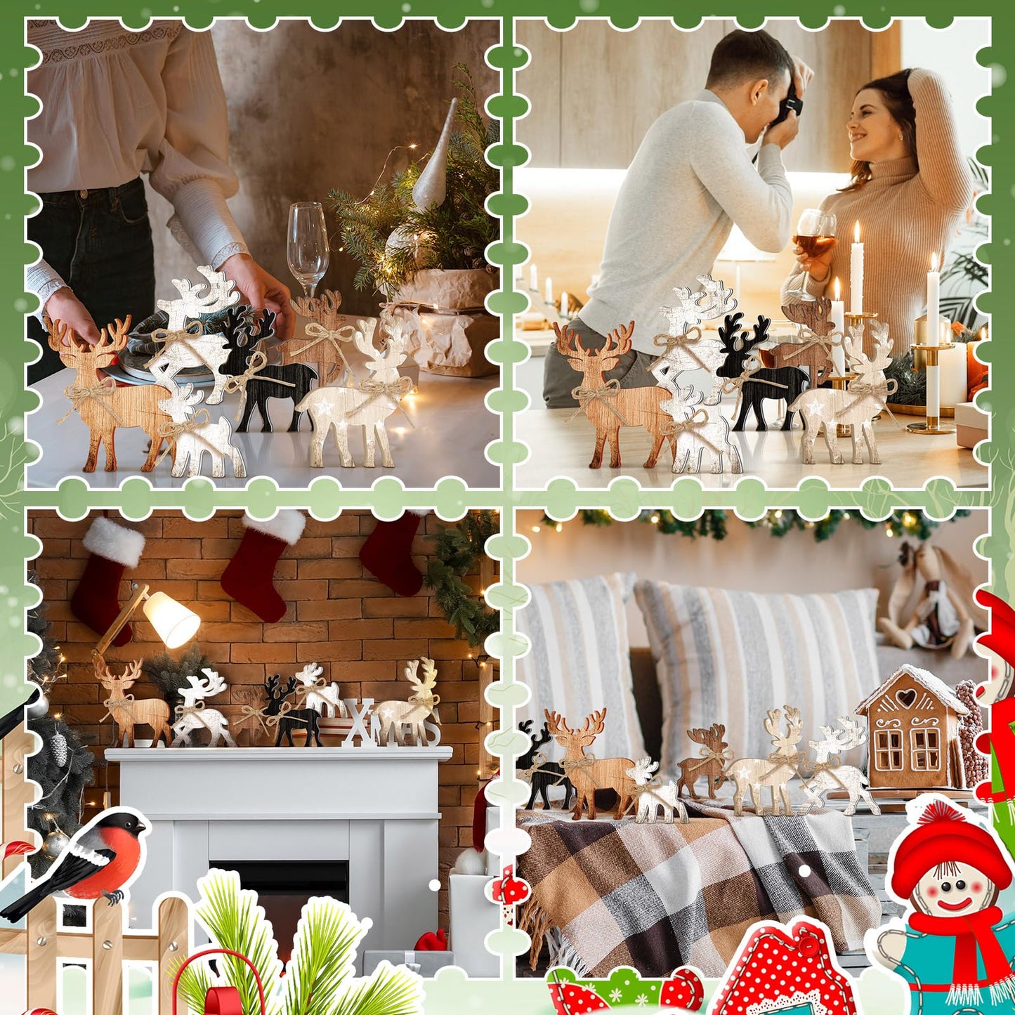 Yuntau 6 Pcs Christmas Table Decoration Wooden Farmhouse Table Centerpieces Rustic Christmas Tree House Reindeer Elk Angel Snowflake Wooden Sign Block Tiered Tray Decor for Xmas Gifts(Elk)