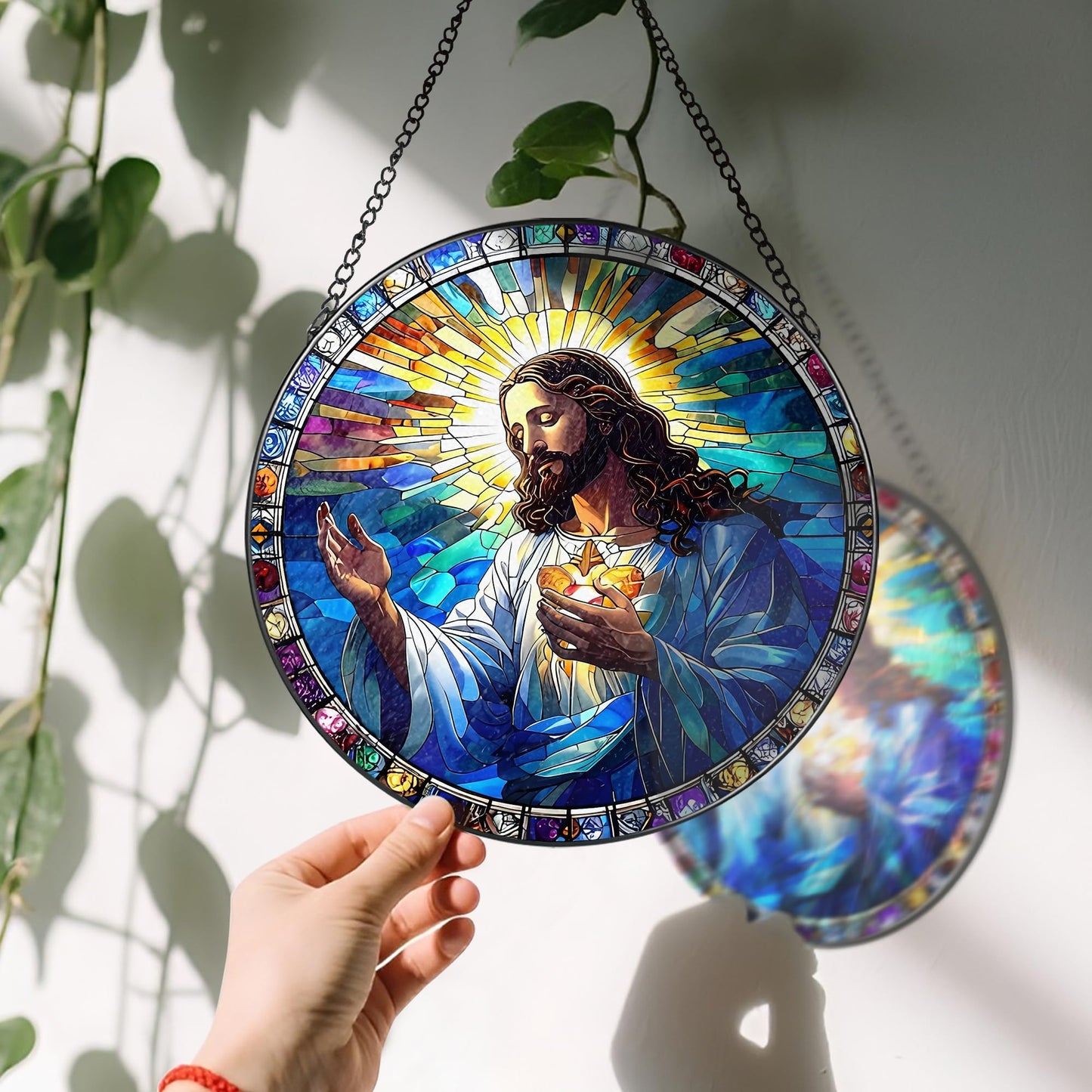LAOWEIKI 8'' Jesus Christ Suncatcher Ornament, Stained Glass Window Hanging, Christian Home Decor, Religious Decor, Gifts for Christian, Gifts for Christmas, Religious Gift