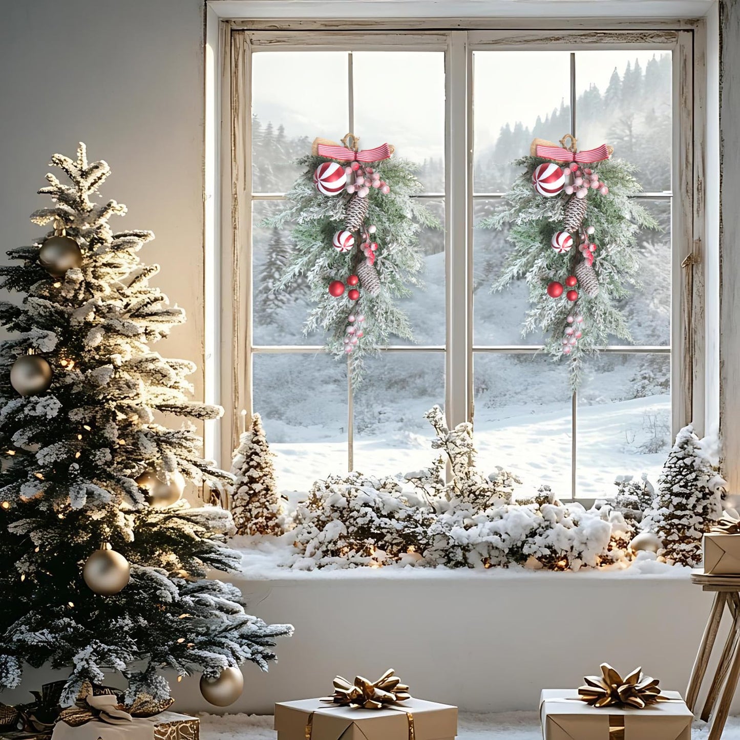 Egolot 2 PCS 20” Christmas Candy Cane Frosted Pine Needle Teardrop Swag Wreath for Front Door, Xmas Swag with Red White Balls and Berries for Indoor Outdoor, Christmas Window Mailbox Decor Teardrop