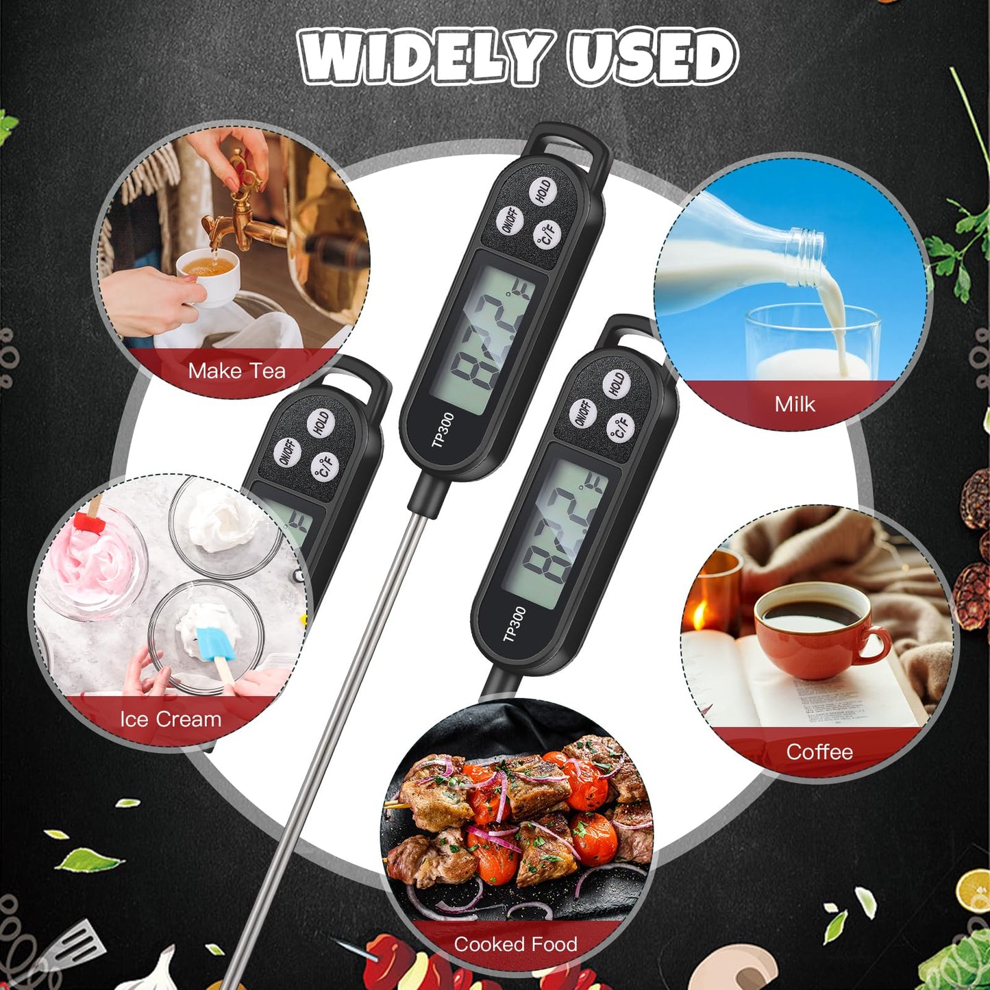6 Pcs Instant Read Meat Thermometer with Long Probe 9.65 Inch Kitchen Cooking Food Candy Waterproof Digital Thermometer for BBQ Water Milk Yogurt Liquid (Round&Square Ring,Black,White,Red)