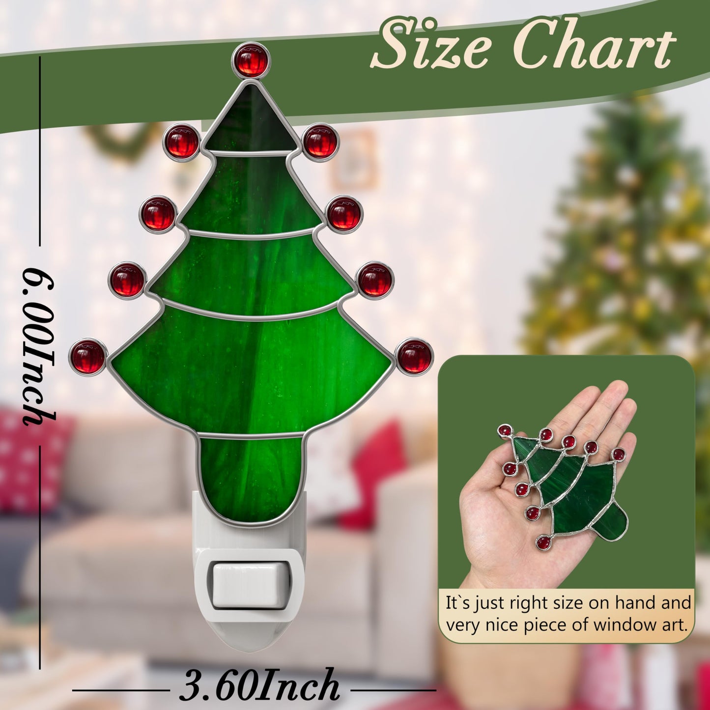 KUNDGLA Night Light Plug into Wall Stained Glass Christmas Tree Pretty Night Lights Plug in 7W Warm White Light Decorative Accent Nightlight Silver Chrome Nightlights Home Decor Gift for Grandkids