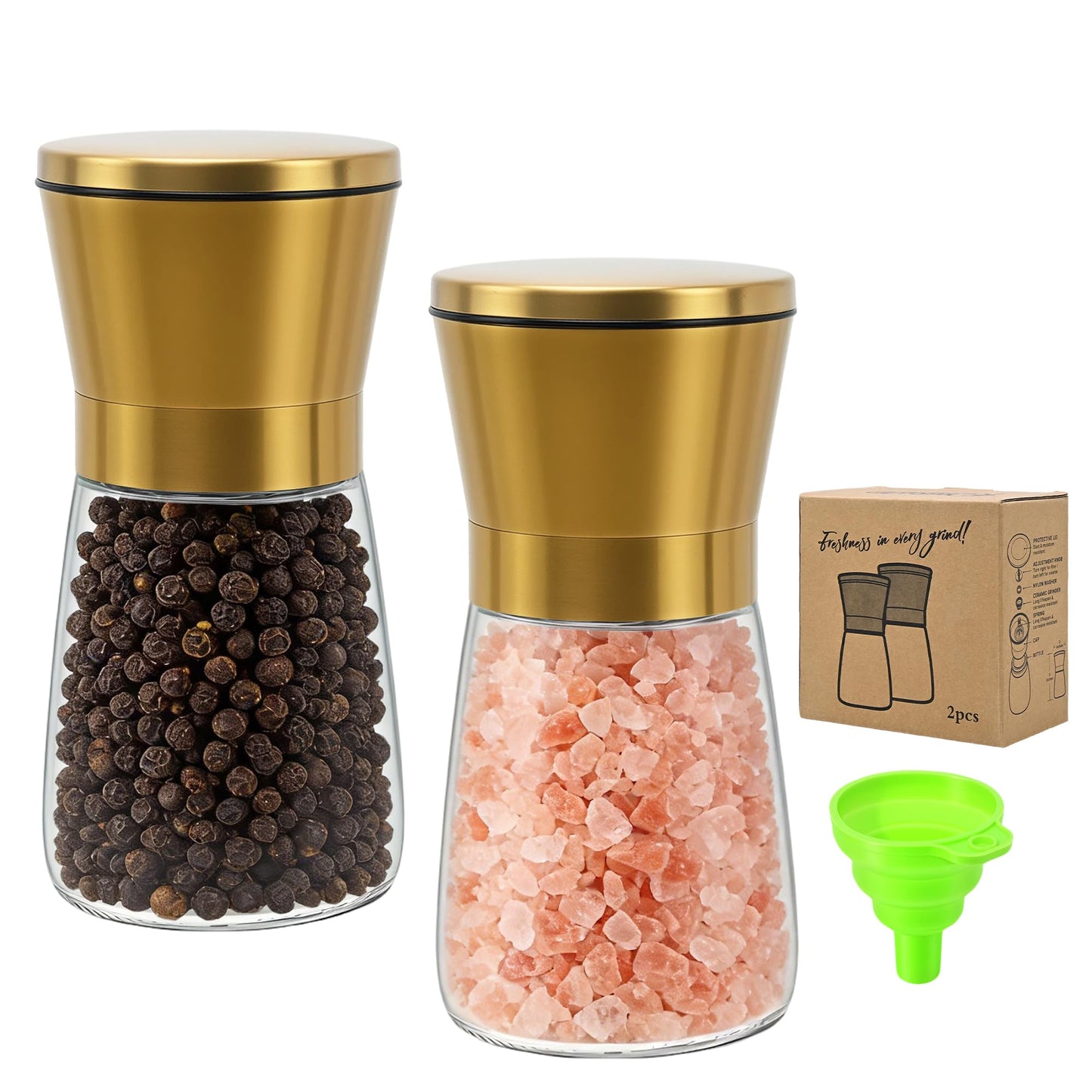 R DRURLCD Short Manual Gold Salt and Pepper Grinder Set of 2 with Funnel, Adjustable Coarseness Shiny Gold Cap Sea Salt Pepper Mill Refillable with Magnetic Lid, Kitchen Decoration Gift