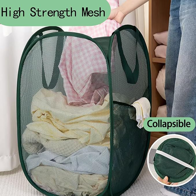 Pop Up Laundry Hamper Thick Mesh Collapsible Laundry Baskets, Large Side Pocket