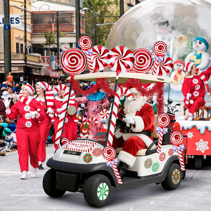 Leyndo 46 Pcs Christmas Golf Cart Decorations Kit Christmas Candy Cane Parade Decor Red Green and White Car Decoration with Banner Candy Cane Hanging Garland Stickers Balloon for Xmas Party