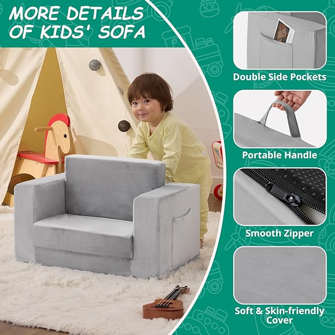 Kids Couch, 2-in-1 Toddler Chair Comfy 1-3 Years Old, Convertible Kids Chair