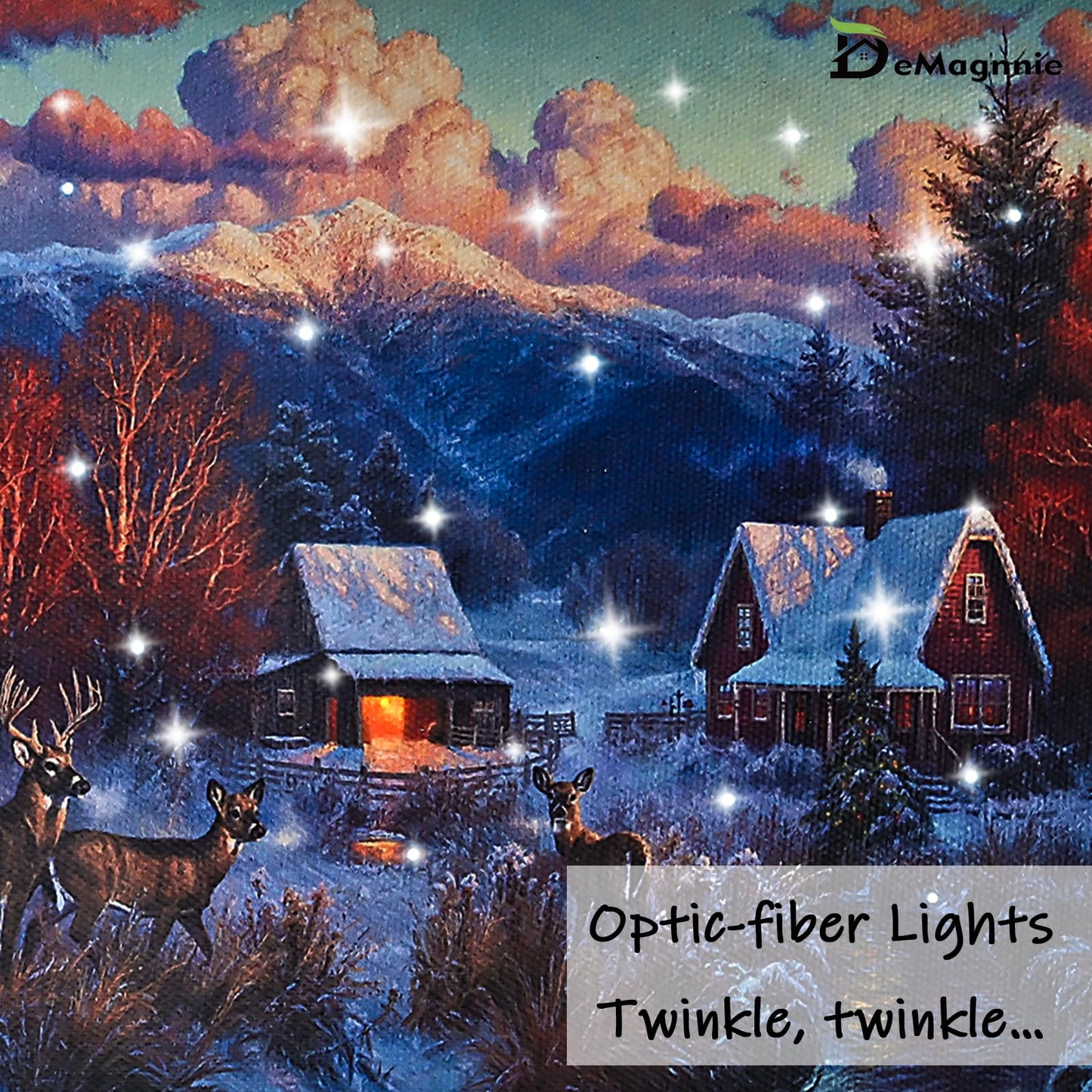 DEMAGNNIE Small Lighted Christmas Wall Art with Timer Twinkling Fiber optic Lights - 6x8in Standing Framed Winter Snowy Scene Canvas Picture Tabletop Decor, Ready to Hang Reindeers Light Up Wall Art