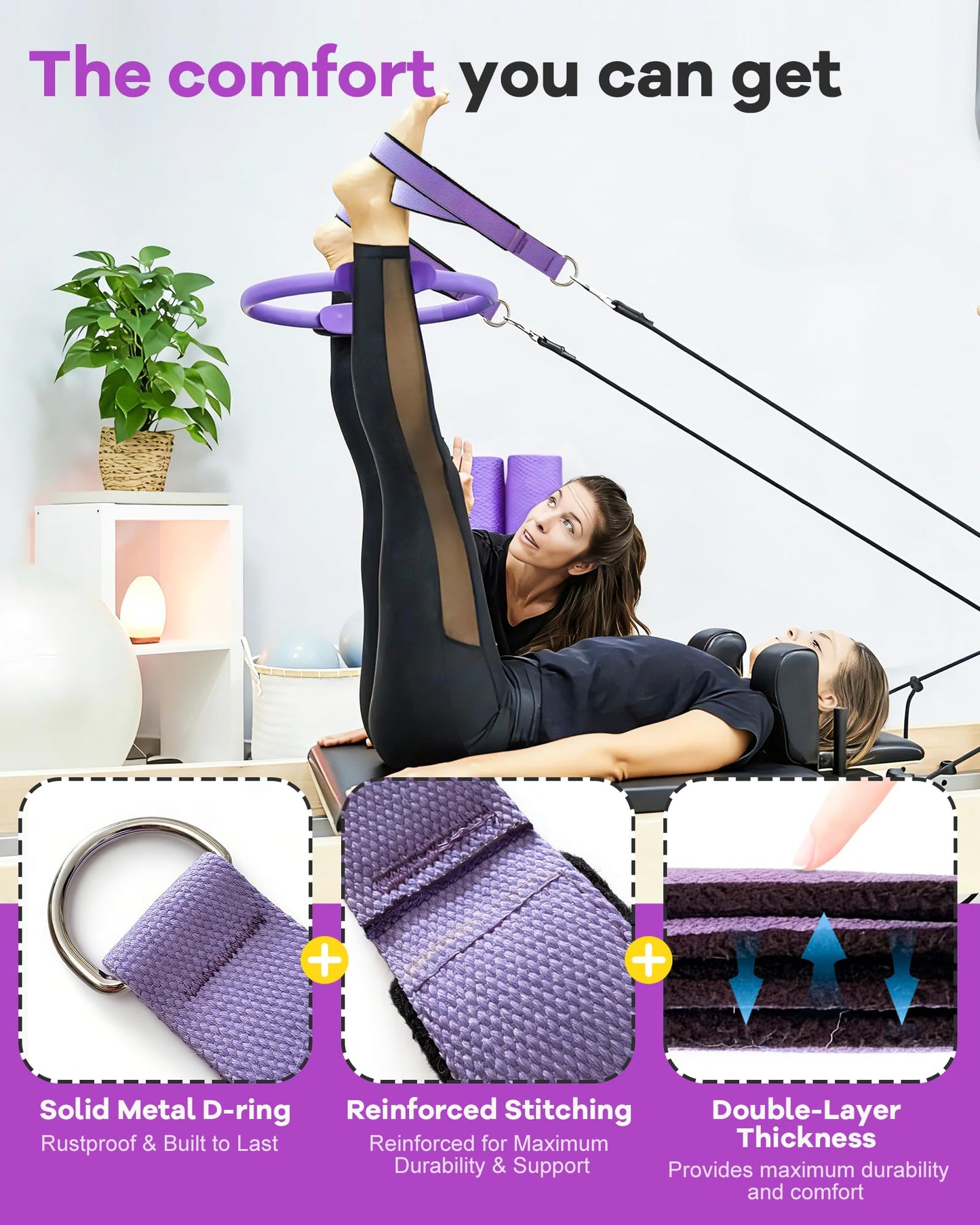 Wonderful Day 2PCS Pilates Straps for Reformer, Comfortable Enhanced Thickness, Fitness D-Ring Double Loop Exercise Straps for Home Gym Workout (Purple)