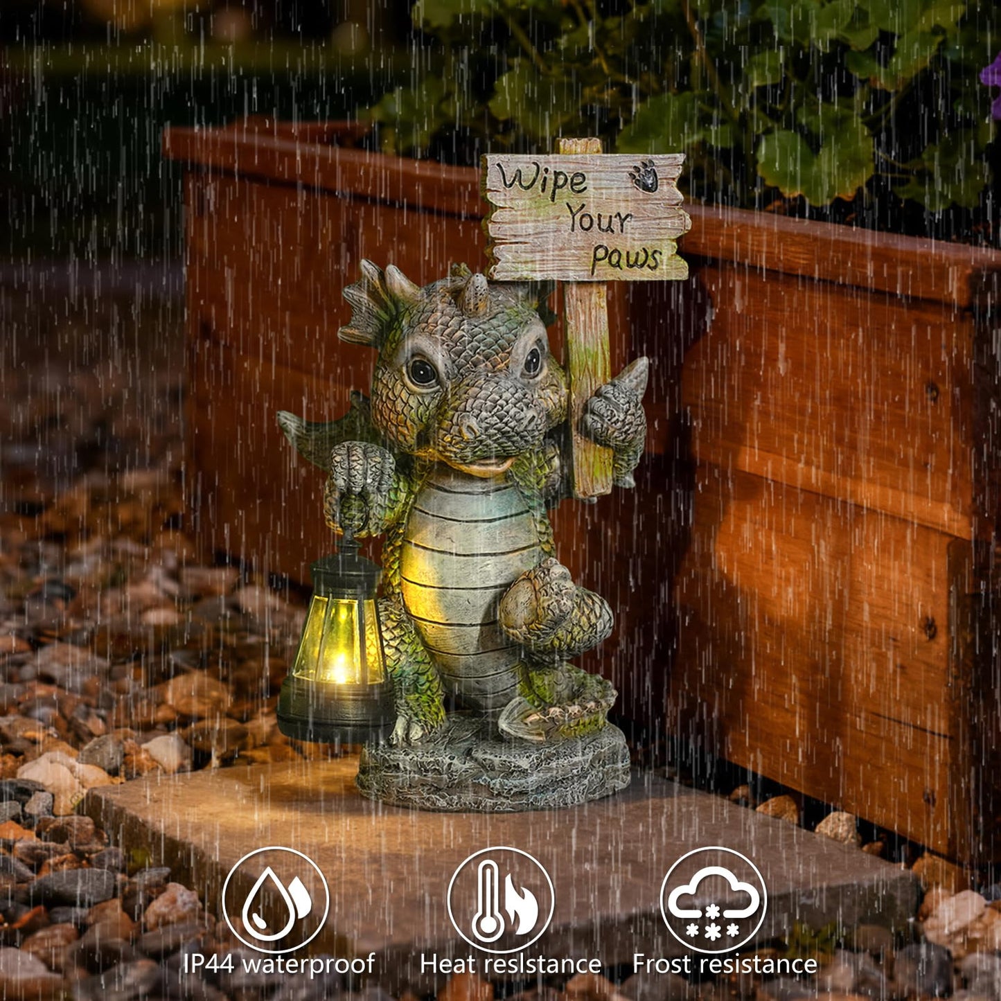 Joint Honglin Solar Dragon Garden Statue with Hanging Lantern - Cute Welcome Sign, Waterproof Resin Dinosaur Figurine, Outdoor Yard Decor for Front Door, Porch, Patio, Dog Pet Lover Gift