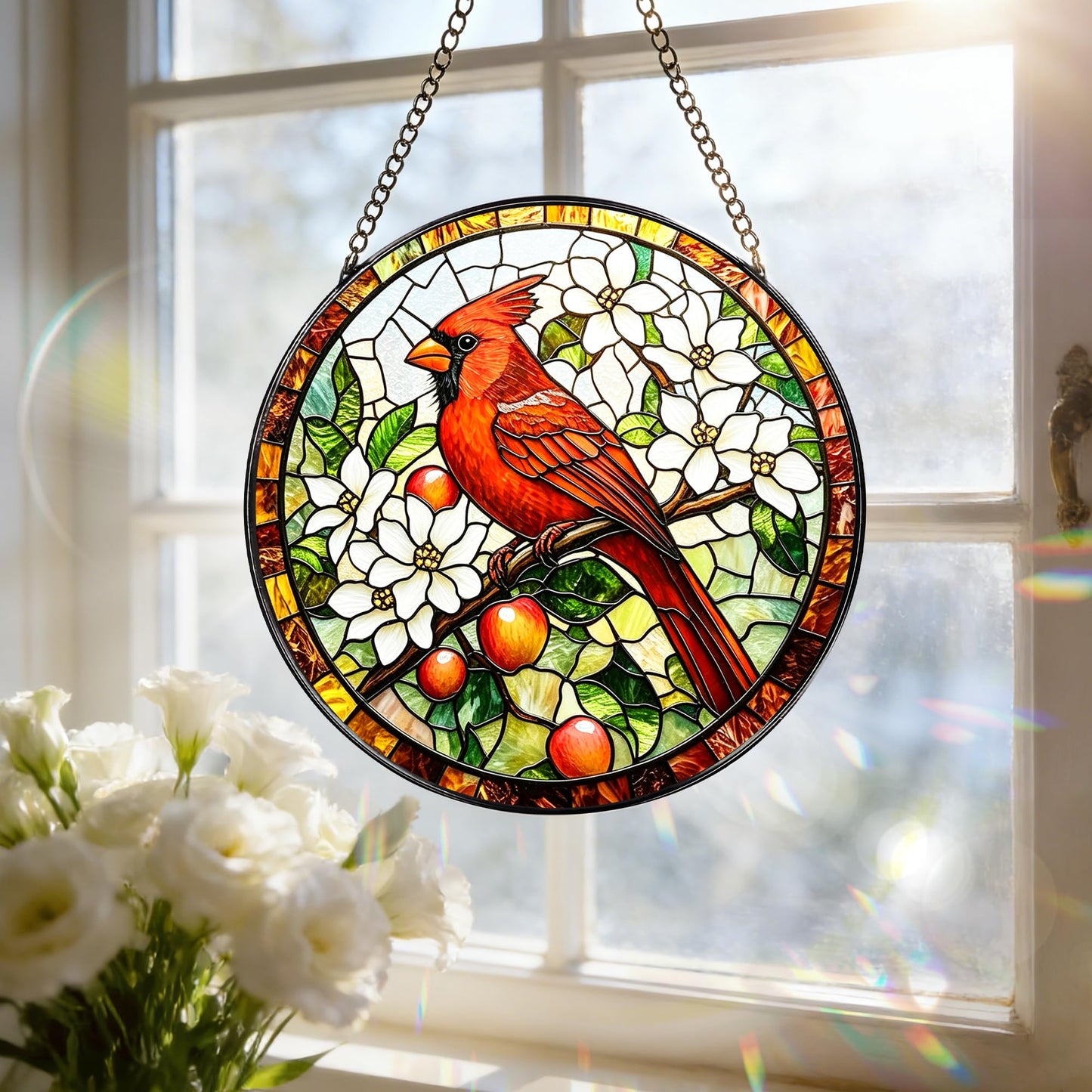 Stained Glass Window Hanging, 7.8 Inch Cardinals Stained Glass Suncatcher, Bird Window Hanging Decor, Cardinal Decor, Cardinal Gifts, Gifts for Women, Bird Lovers, Christmas, Mother's Day, Birthday ﻿