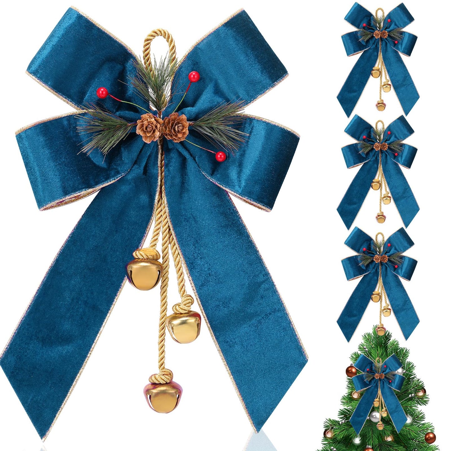 Yinkin 4 Pcs Christmas Tree Wreath Bow Christmas Ribbon Bows with Bells 11 x 7.8 in Velvet Pine Cone Bowknot Xmas Tree Hanging Ornaments Decor for Home Xmas Party Outdoor Indoor (Lake Blue)