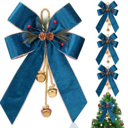 Yinkin 4 Pcs Christmas Tree Wreath Bow Christmas Ribbon Bows with Bells 11 x 7.8 in Velvet Pine Cone Bowknot Xmas Tree Hanging Ornaments Decor for Home Xmas Party Outdoor Indoor (Lake Blue)