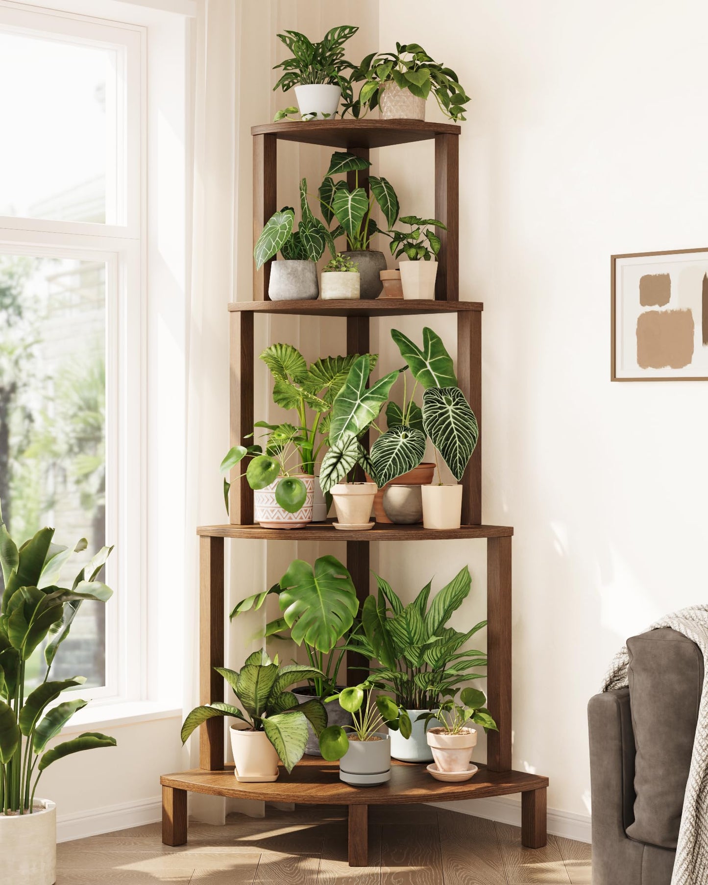 Bamworld Corner Plant Shelf 4-Tier Plant Stand Indoor Wood Plant Rack 66 Inch Tall Shelves Garden Decor for Living Room Balcony