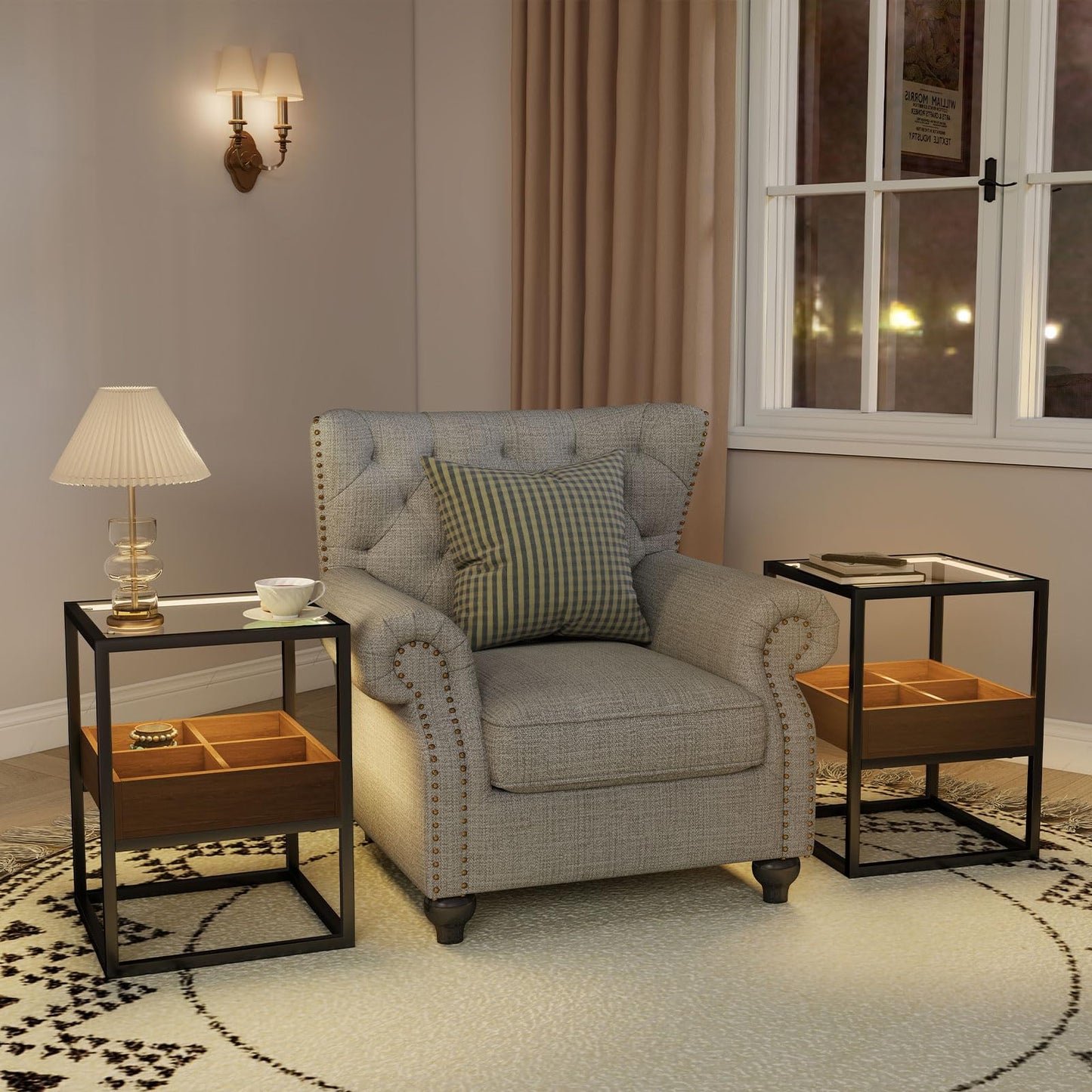 Permory Tempered Glass Top End Table with USB Port, Dimmable Warm Brown-Toned COB Strip Light for Living Room Bedroom