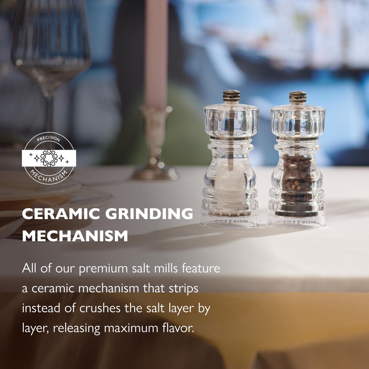Cole & Mason London Acrylic Salt and Pepper Mill Set, 130mm, Precision+ Carbon/Ceramic Mechanisms, Salt and Pepper Grinders with Adjustable Grind, Gift Set