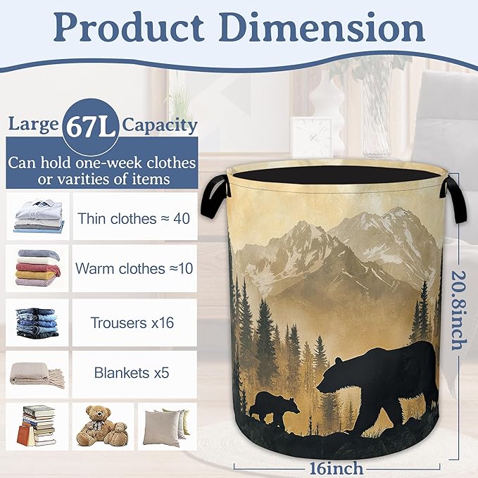 Bear Laundry Basket, Oxford Cloth Golden Mountain Forest Laundry Hamper