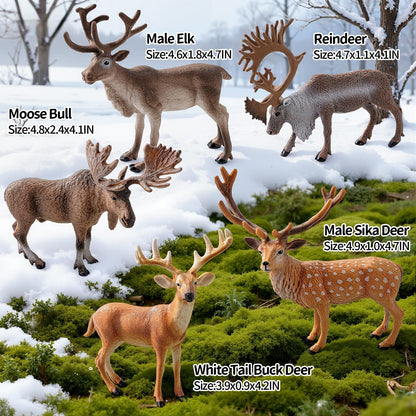 THINKBAY 14 PCS Deers Family Figurines Set - Elk, Reindeer, Moose, Sika Deer, Whitetail Deer - Realistic Solid Wild Animal Figures for Kids 3+, Educational Toys, Cake Toppers, Party Favors