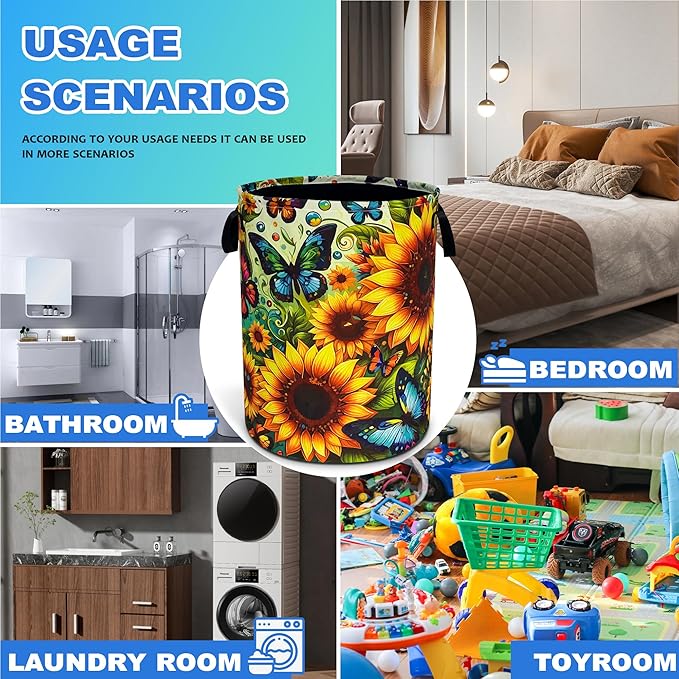 Beautiful Butterfly Sunflower Laundry Basket Oxford Cloth Laundry Hamper