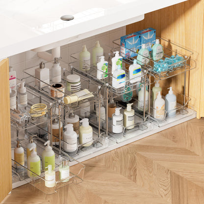 Vtopmart 4 Pack Bathroom Organizer, 2 Tier Clear Under Sink Organizers Vanity Countertop Storage Container,Cabinet Drawers Bins, Pull-Out Organization with Track for Pantry, Kitchen
