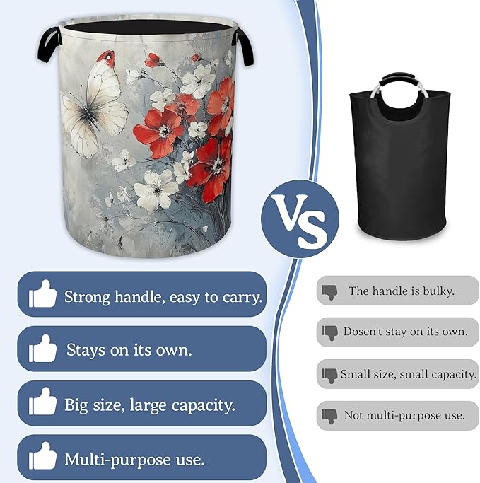 Butterfly Flowers Laundry Basket, Foldable Oxford Cloth Red Laundry Hamper
