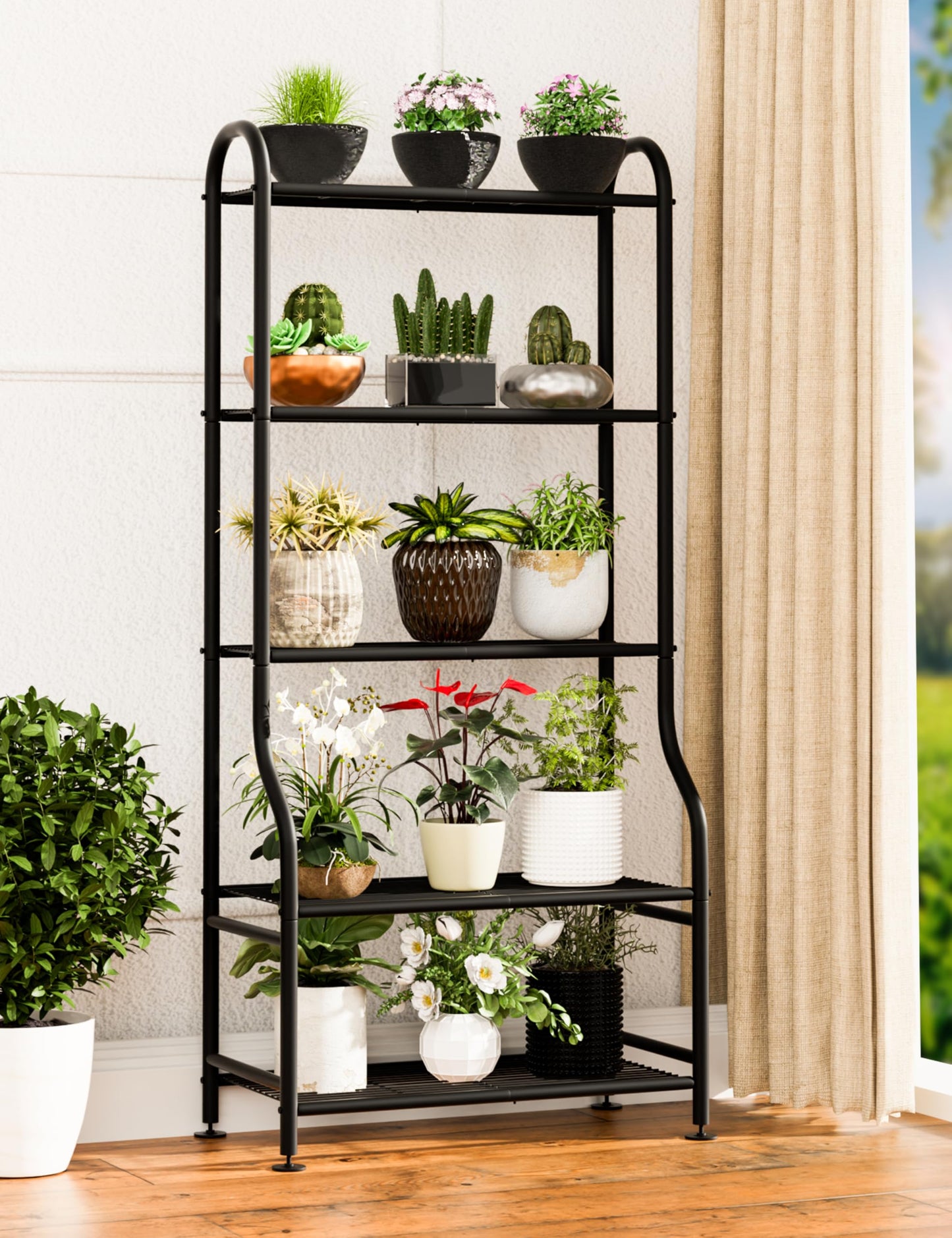 Yutrchey 5-Tier Metal Plant Stand - Heavy Duty Indoor Outdoor Flower Shelf for Multiple Pots, 65" Tall Vertical Holder with Adjustable Leveling Feet & Wall-Fixing Kits, Black