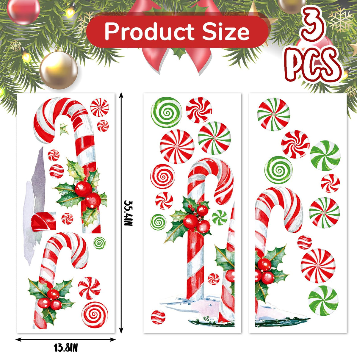 Whaline 13.8 x 35.4'' Extra Large Christmas Window Clings Red Green Candy Cane Holly Berry Window Stickers Double Sided Glass Decals for Winter Xmas Home Classroom Office Party Decoration, 3 Sheets
