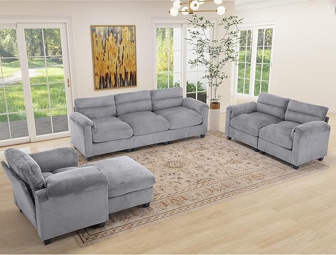 HAOMARKETS Corduroy 2-Piece Sofa Set, Upholstered Ottoman and 3-Seater Sofa