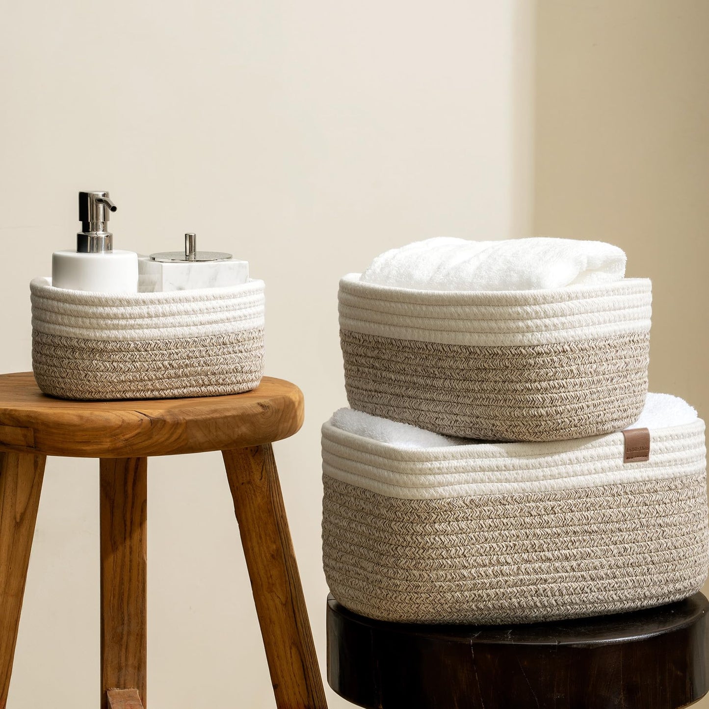 LA JOLIE MUSE Storage Baskets, Cotton Rope Woven Bathroom Storage Basket Set of 3, Small Basket Box Organizer Bins With Handles
