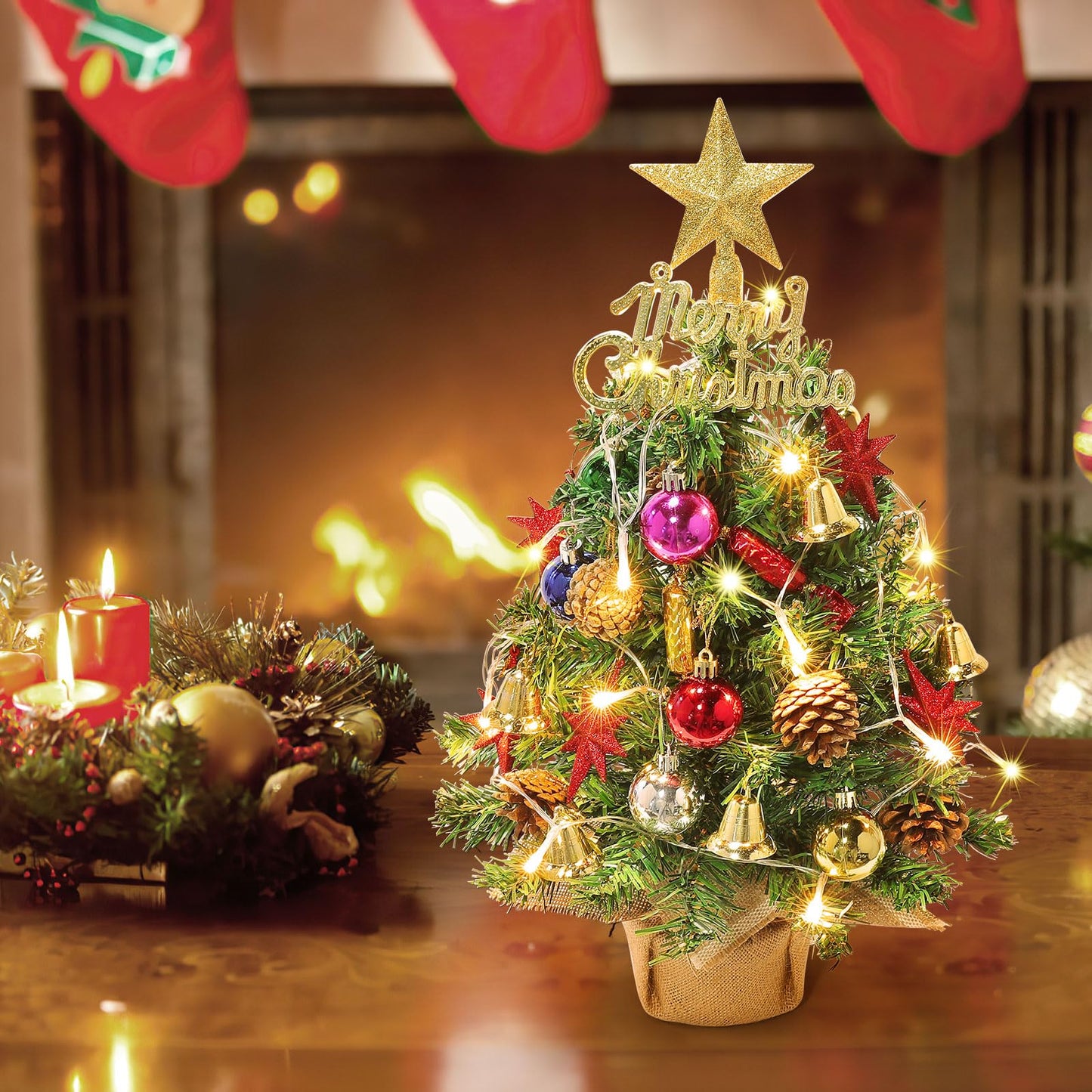 Tabletop Christmas Tree 21.65 Inch Mini Artificial Christmas Tree with 20 LED String Lights, Star Tree, Pine Cones Ornaments, Small Xmas Tree for Holiday Indoor DIY Christmas Decor