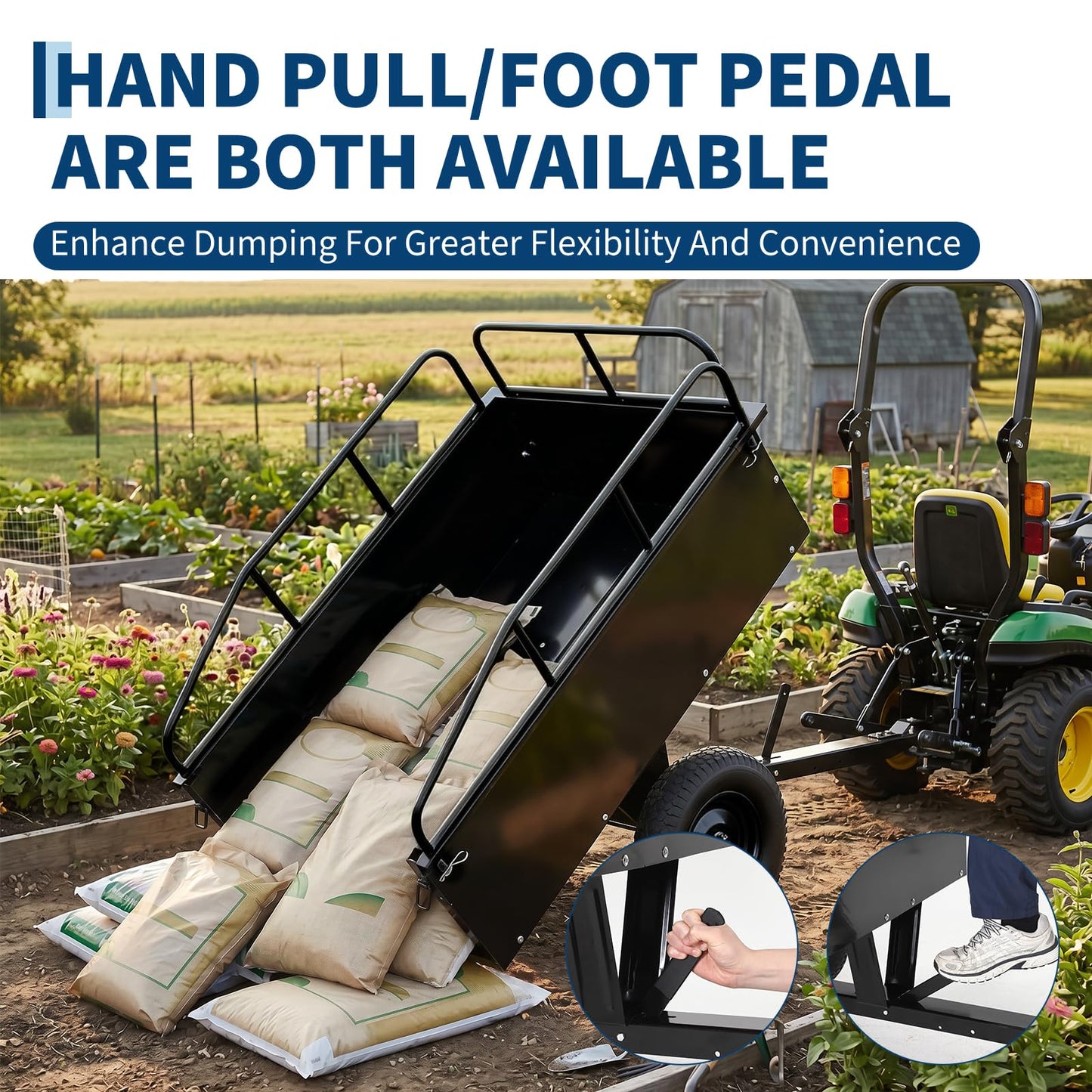 750 LBS Capacity Utility Dump Trailer, 15 Cu Ft Heavy Duty Steel Garden Dump Cart with Removable Sides, Foot Pedal & Hand Pull Design, Compatible with ATV UTV Lawn Mower Tractor