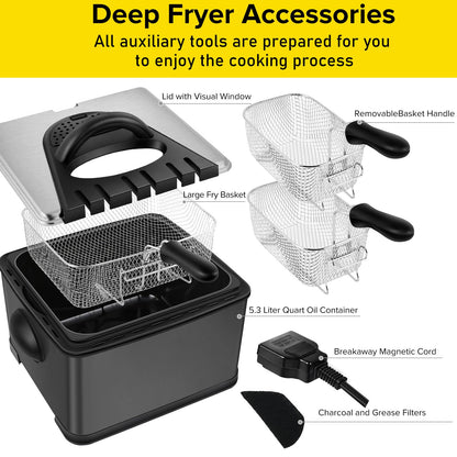 Secura 1700-Watt Stainless-Steel Triple Basket Electric Deep Fryer with Timer Free Extra Odor Filter, 4L/17-Cup, Red