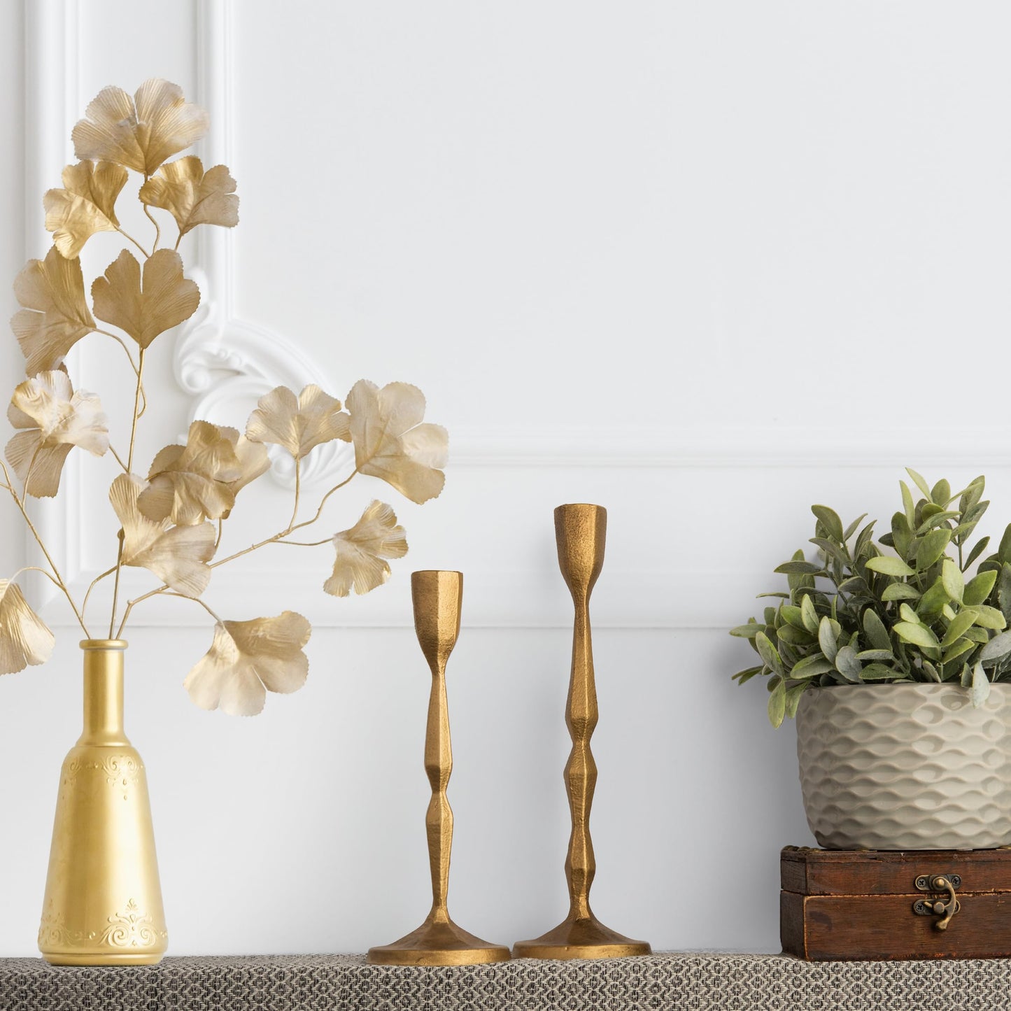Antique Gold Candlestick Holders - Heavy Duty Cast Iron Candle Stick Holder Set of 2 - Unique Taper Candle Holder for Entryway, Table Decor or Housewarming Gift