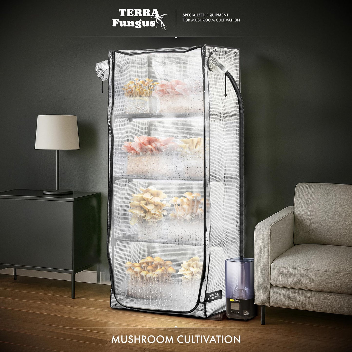 Mushroom Grow Tent with 6500K LED Light & Timer, 4-Tier Shelves Fit Up to 8 Monotubs, Mini Indoor Greenhouse with Grow Light, Waterproof Tray, 4 Vents, Martha Tent