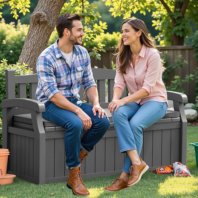 Flamaker 80 Gallon Storage Bench with Cushions Outdoor Indoor, Durable All-Weather Seating with Hidden Storage, Lockable Deck Box for Garden, Patio, Poolside (Grey)