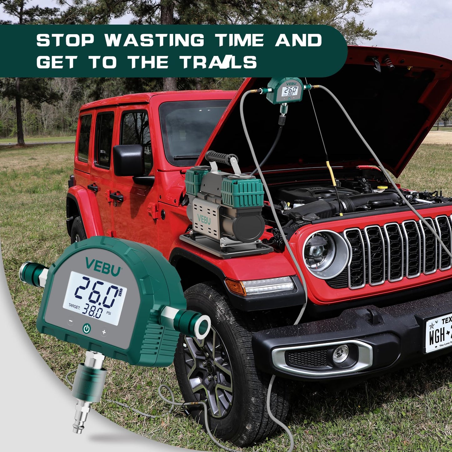 VEBU 4 Tire Inflation System, Auto Shut Off 4 Way Tire Inflation & Deflation Hose Kit with Preset Memory & Digital Display，Works with Your Air Compressor for Trucks, SUVs, RVs