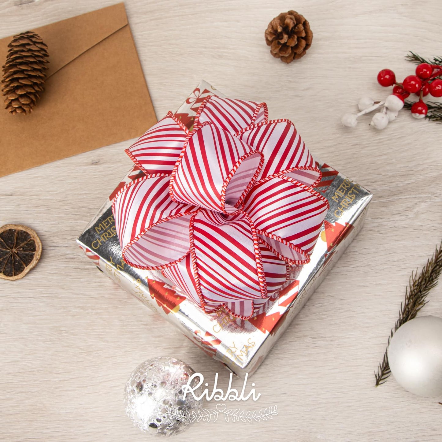 Ribbli Candy Cane Ribbon Red and White Stripe Wired Satin,1-1/2 Inch x Continuous 10 Yard,Peppermint Stripe Christmas Ribbon for Big Bow, Wreath,Tree Decoration, Outdoor Decoration