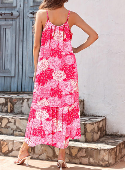 Dokotoo Women Summer Dresses 2025 Spaghetti Strap Scoop Neck Smocked Ruffle Flowy Boho Maxi Dress