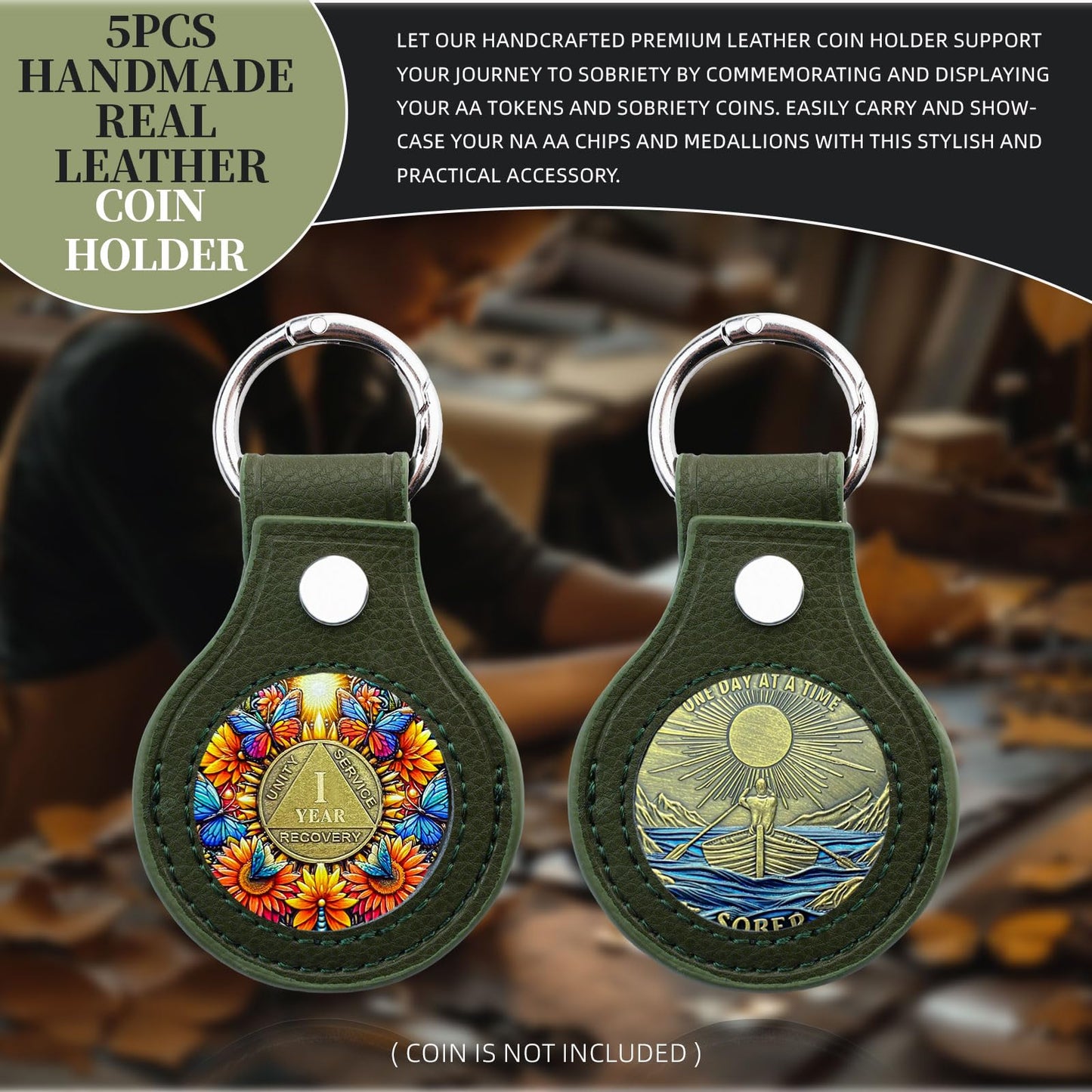 IELCJJ 5PCS Premium Leather Coin Holder - Handmade Sobriety AA Coins Chip Keychain - Displays Both Sides of Sober Token Medallion Pet Challenge Coin - Green Waterproof Scratchproof Soft PVC Key Ring