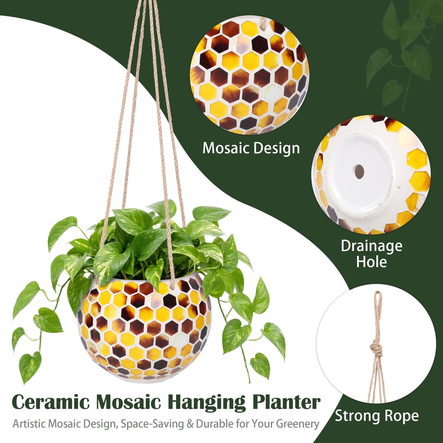 Chonsun Hanging Planter Mosaic Garden Pot Small Flower Pot for Indoor Plant Disco Ball Hanging Planter with Drainage Yellow Bee