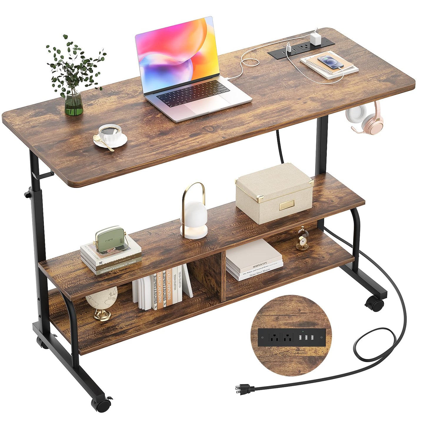 Armocity Rolling Standing Desk with Charging Station, Portable Height Adjustable Mobile Computer Desk with Wheels & 2-Tier Shelves & Hooks, Easy Assembly Laptop Table for Couch Bed, 47" Rustic Brown