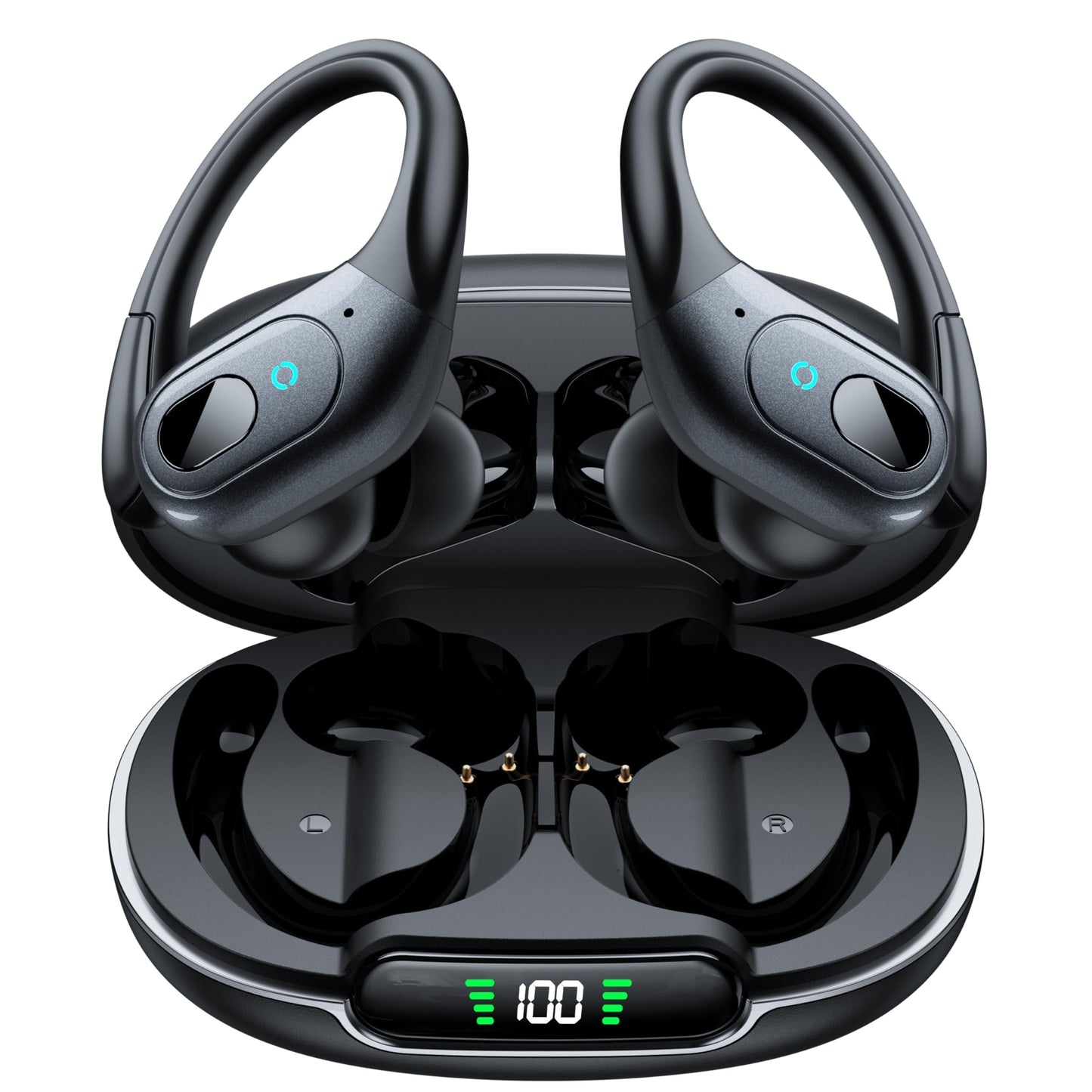 occiam Active Noise Cancelling Earbuds Wireless Bluetooth Headphones Ear Buds 90Hrs Playback Stereo Bass Earphones with Mic Over-Ear Hooks IPX7 Waterproof Headset for Work Sports Running Gym Black